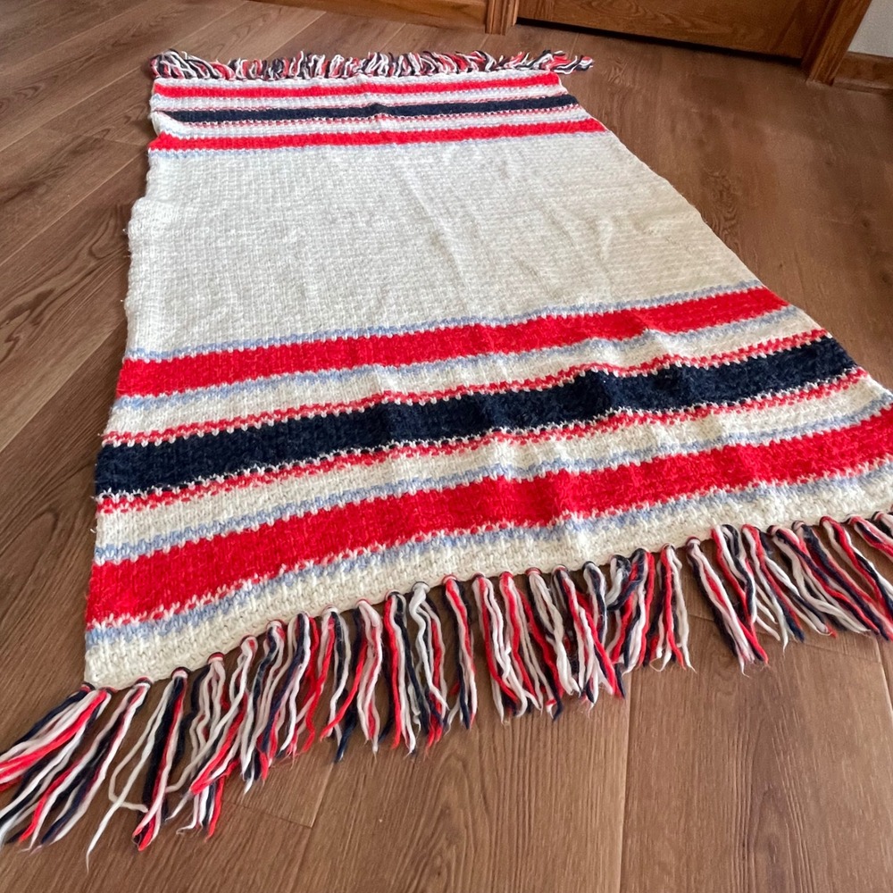VTG Handmade Crochet Afghan Lap Blanket Red White Blue Stripe Fringe Nautical
